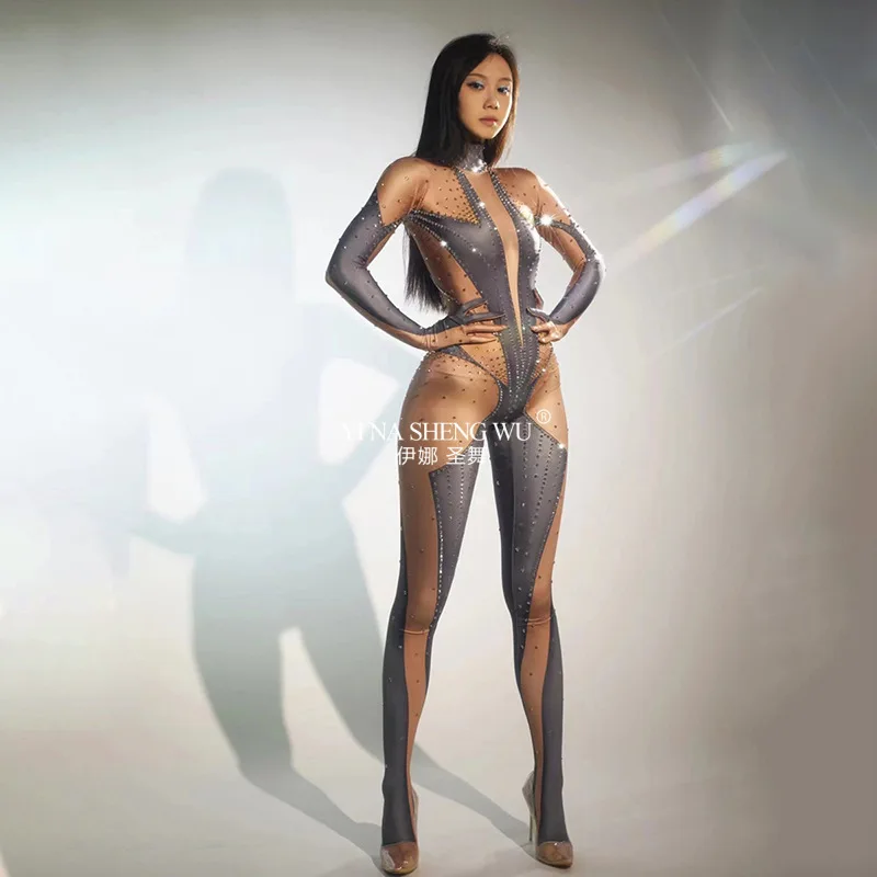 

Блестящий комбинезон со стразами для женщин, сексуальное эластичное танцевальное боди, вечерние костюмы для певицы, сценическая одежда, костюмы Drag iueen на день рождения, Posui 7G