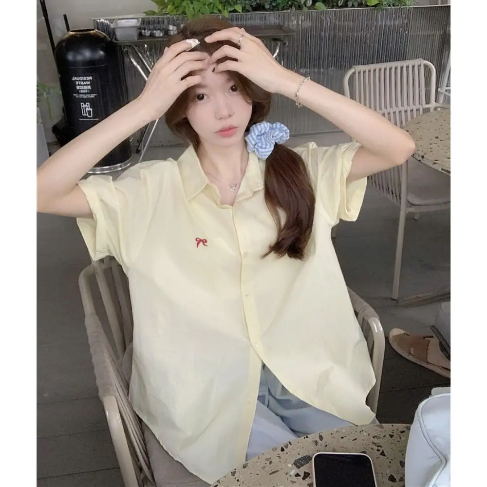 Niche Bowknot Women Girl Blouse Embroidered Loose Short Sleeves Shirt Turn Down Collar Student Summer Top