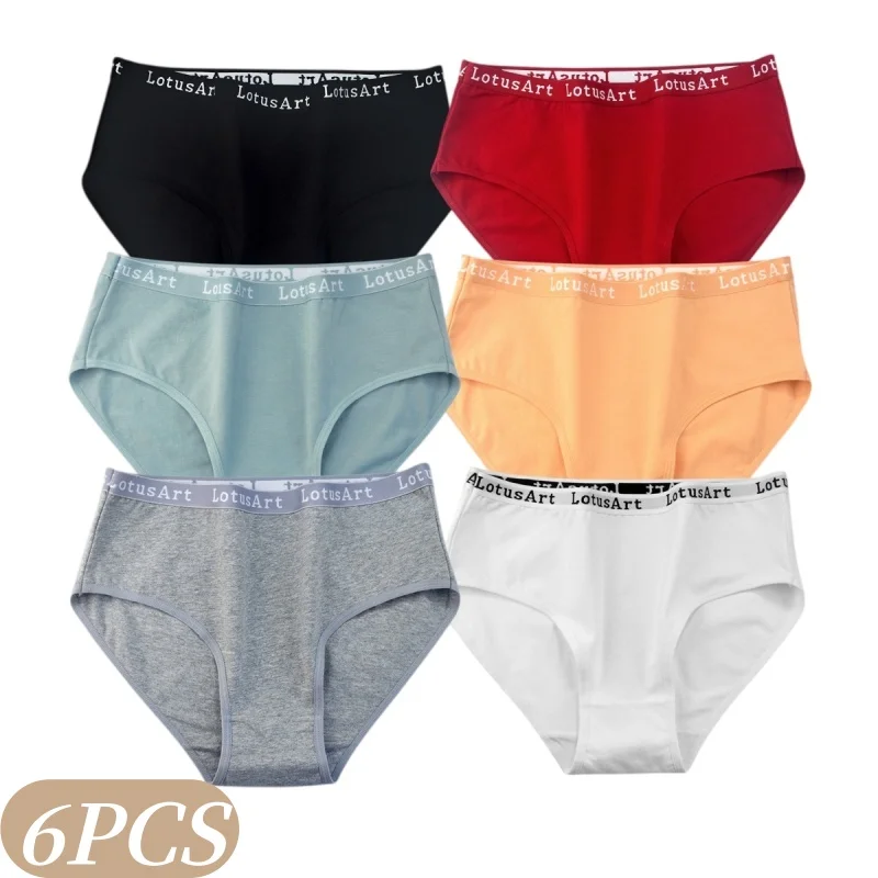 6Pcs/Set Women High Waist Cotton Briefs Letter Print Wide Waistband Panties Solid Color Full Coverage Hip Lifting Lingerie M-2XL