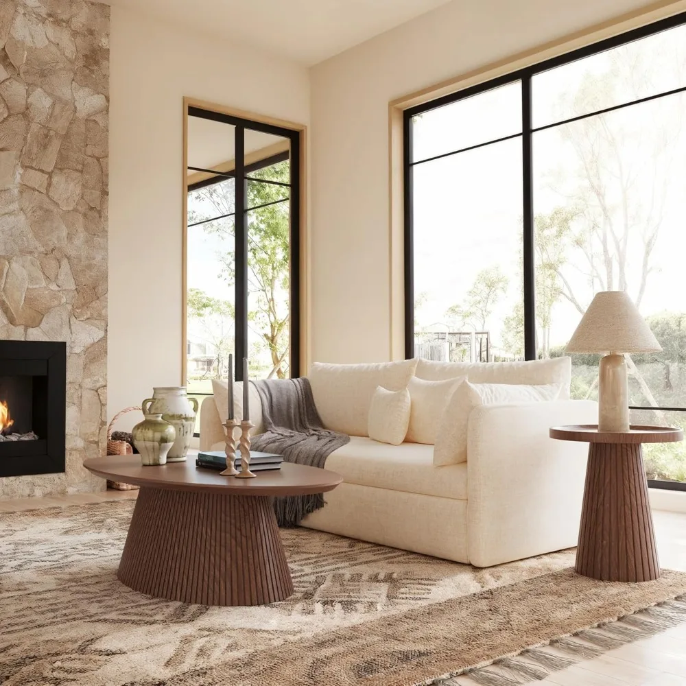 Mid Century Modern Fluted Coffee Table, Small Wood Grain Veneer Tea Table