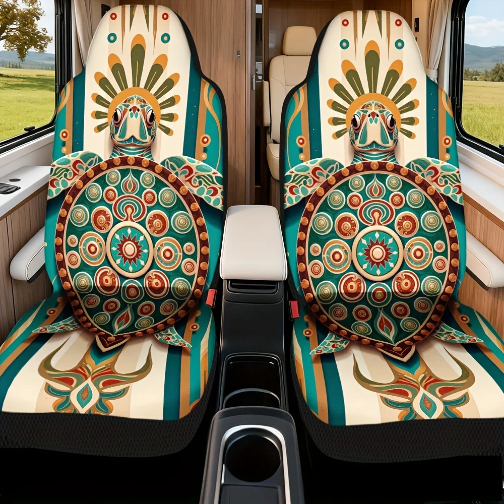 2pcs Tribal Turtle Detailed Graphic Art Car Seat Covers | Durable, All-Season Use, Universal Fit, Polyester, Machine Washable, P