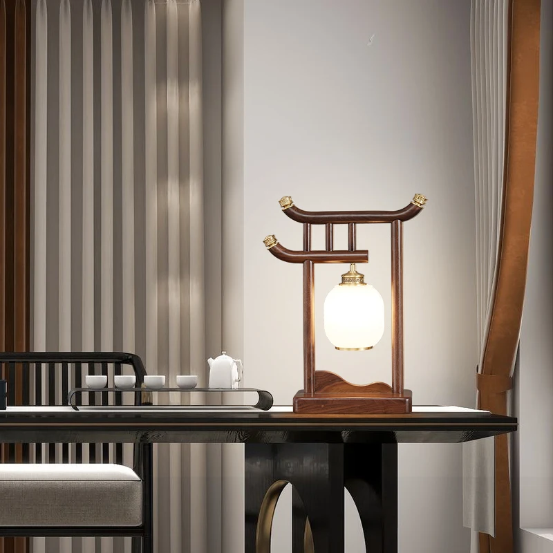 

New Chinese style zen desk lamp all copper solid wood living room Chinese style retro warm study bedroom bedside lamp decorative
