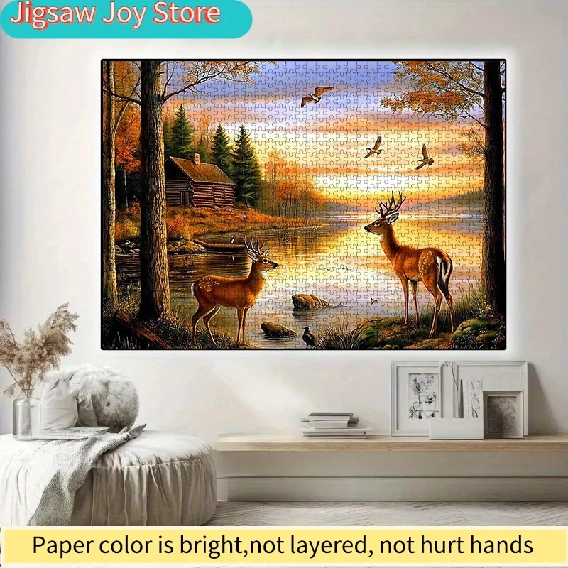 1000pcs DIY Paper Puzzle, Forest Lake Deer and Bird Sunset High-Quality White Card Material, Suitable for Parent-Youngsters Pu