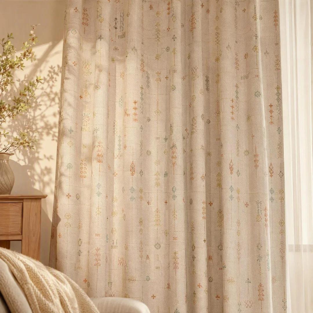Boho Ethnic Linen Curtains, Vintage Geometric Floral Print Semi‑Blackout Window Drapes for Living Room Bedroom Home Decor
