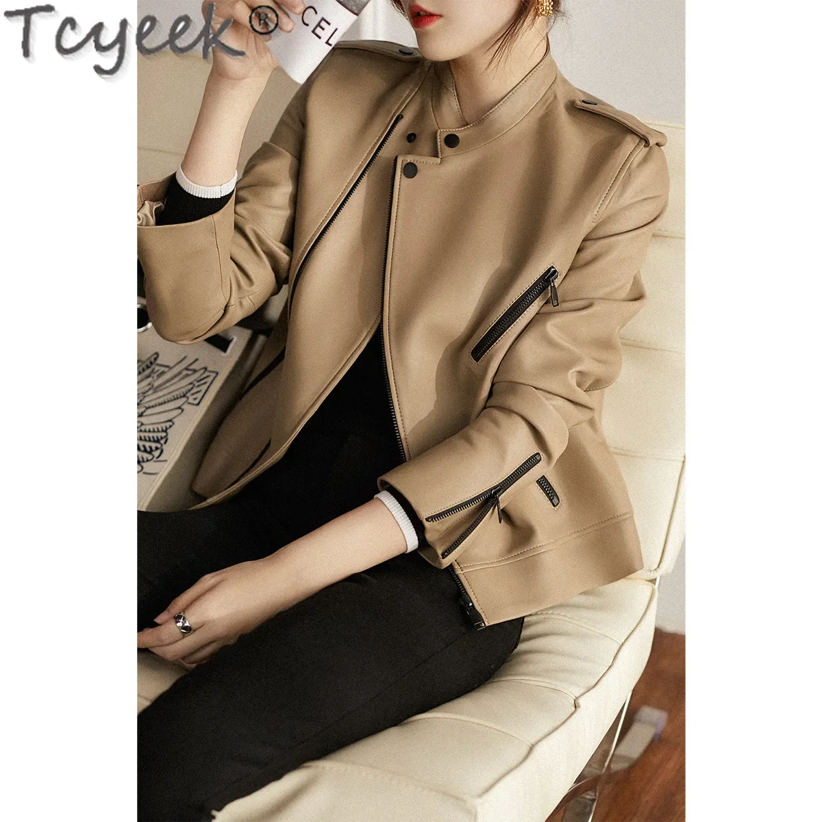 Tcyeek Echte Leren Jas Vrouwen Echte Schapenvacht Jas Slim Fit vrouwen Moto Jassen Lente Herfst Kleding Chaqueta Mujer