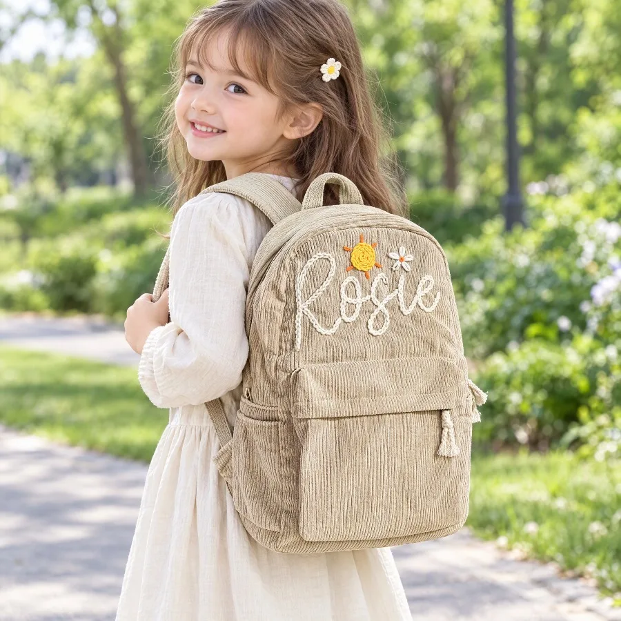 Personalized Corduroy Baby Backpack Hand Embroidered Name Mini Toddler Bag Handmade School Bag Gift For Children Dropshipping