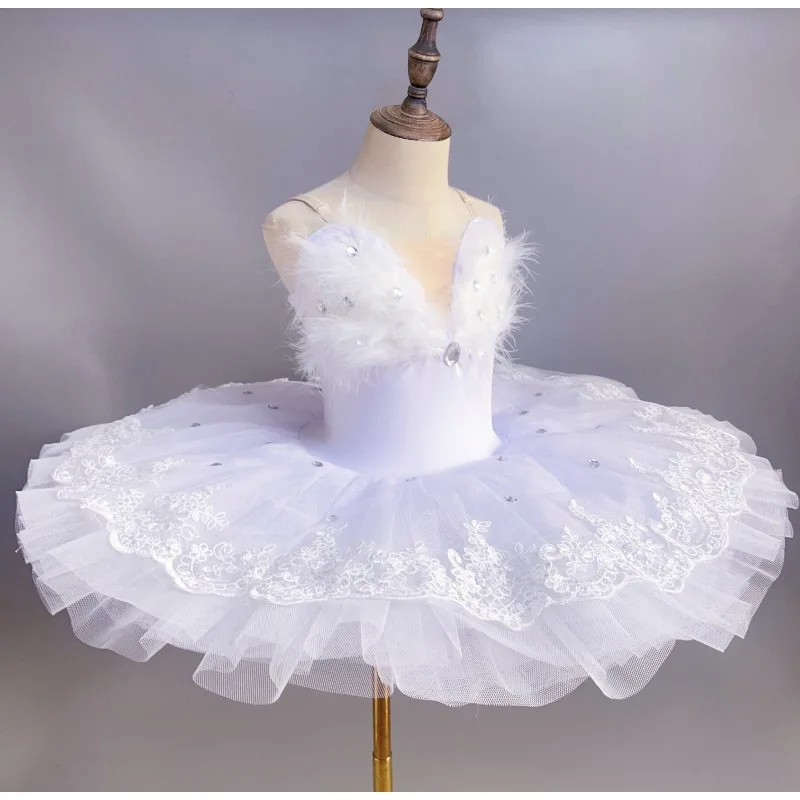 Vestido de actuación de tutú para niñas de gama alta, falda tutú profesional para danza del cisne para niños, falda de gasa hinchada decorada con plumas de alta gama