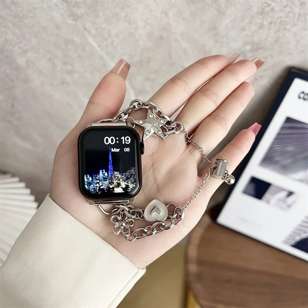 Fashion applicable Apple watch strap 7 8 9 Ultra love adjustment chain light luxury women Iwatch 4 5 6 se 38 40 41 42 44 45 49mm