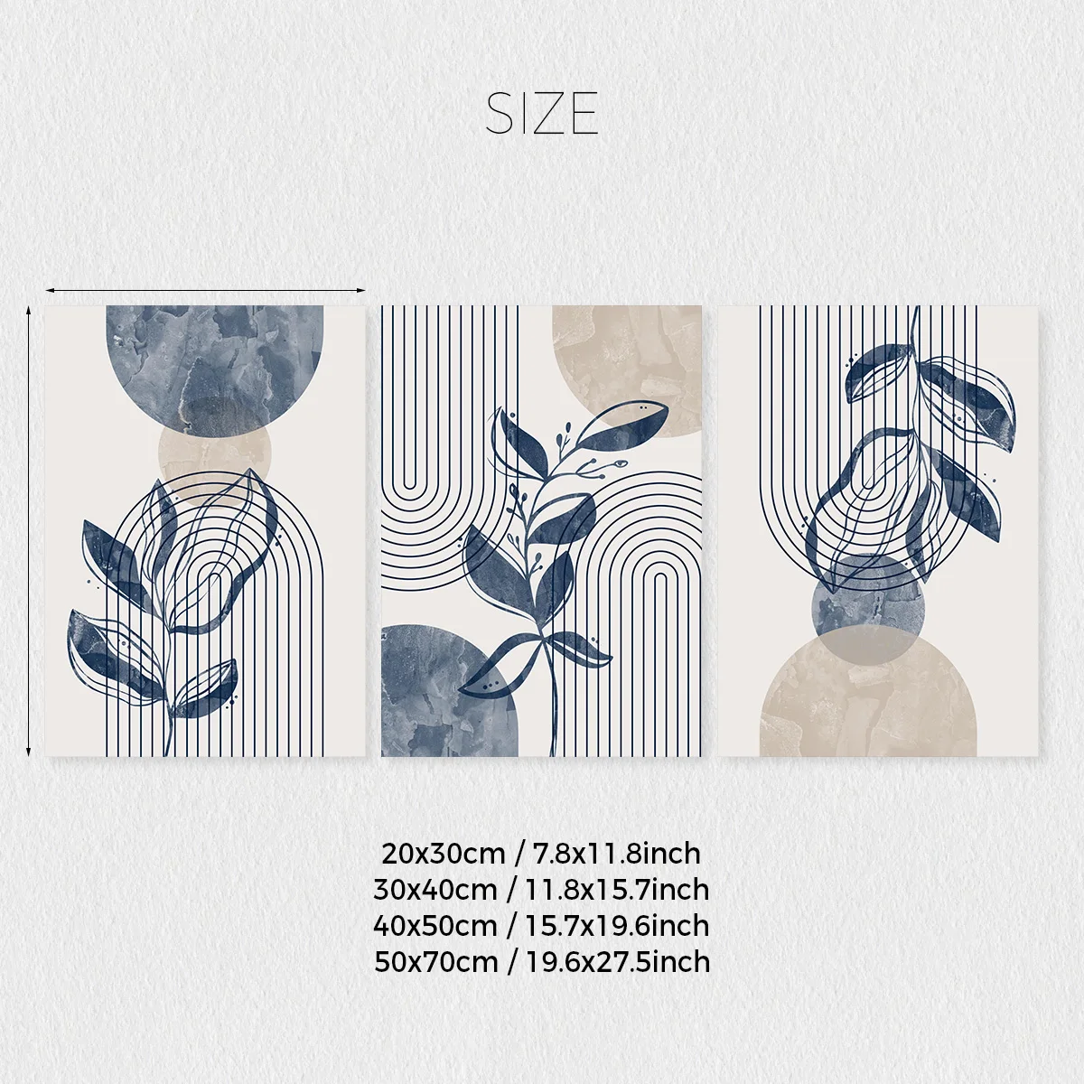 Set of 3 Bohemian Navy Blue and Beige Abstract Geometric Line Plant Wall Art Prints, Bohemian Plant Geometric Print Posters