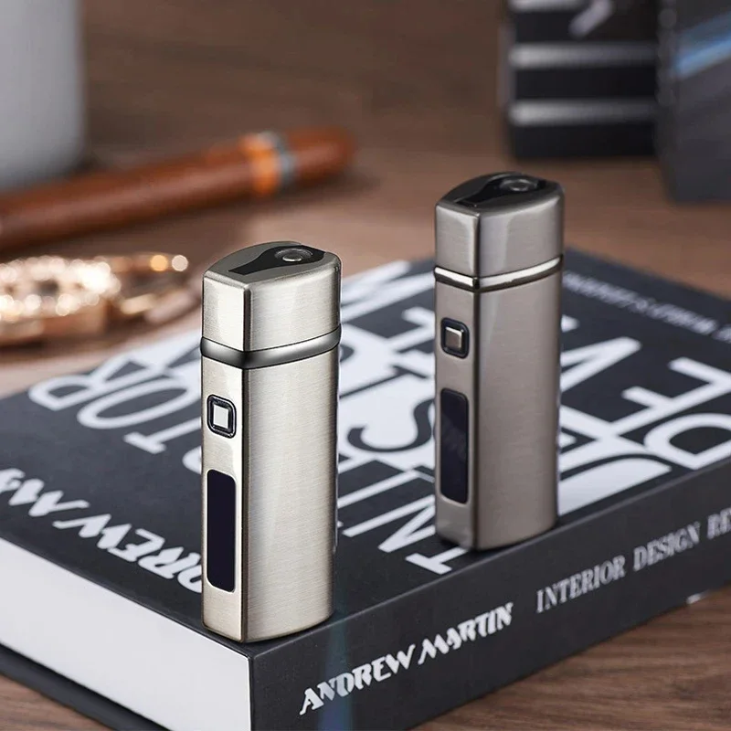 New Touch Sensing Metal Outdoor Windproof Electric USB Lighter Turbo Three Torch Blue Flame Gas Lighter Cigar Tool  Men\'s Gifts