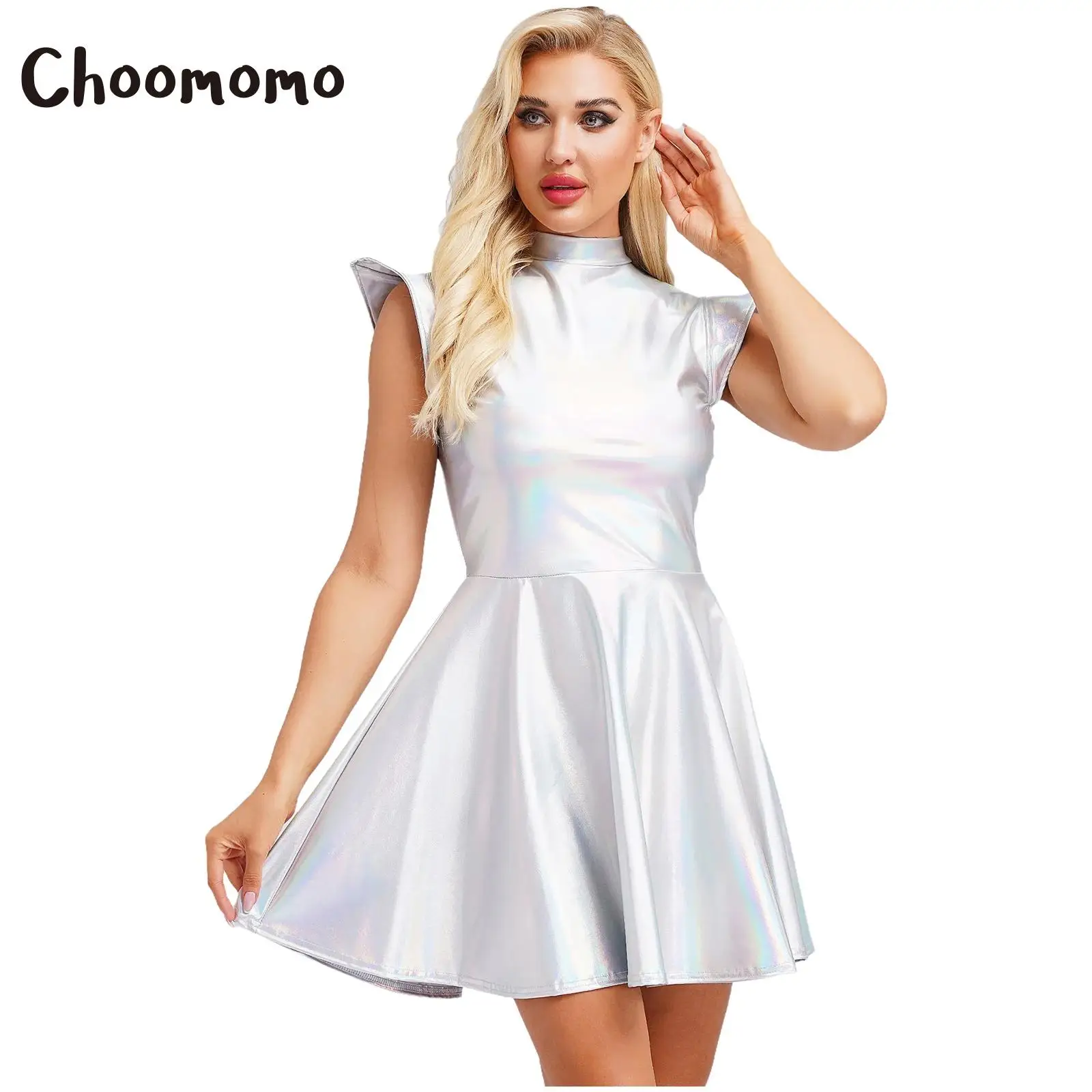 

Women Shiny Mock Neck Cap Sleeve High Waist A-line Dress Modern Dance Rave Party Dress Ups Costume Bar Club Wear Street Wear