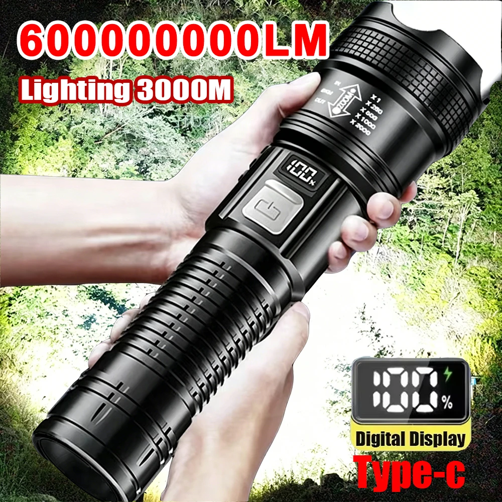 6000000LM Ultra-High Power Flashlight Waterproof Torch Zoom Hand Light Outdoor Camping Lantern Digital Electronic Display