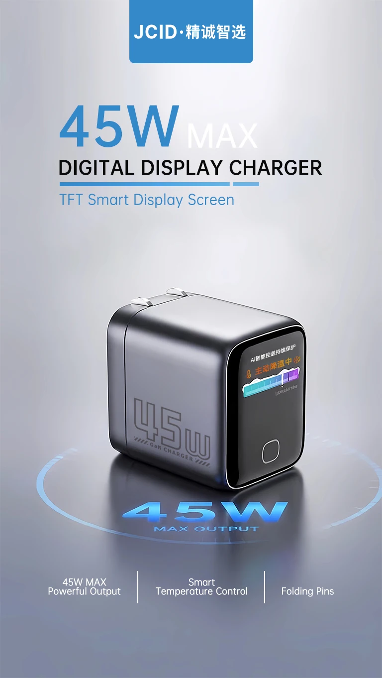 JCID 45W fast charger features a digital display and intelligent temperature control, and is equipped with two USB-C ports.