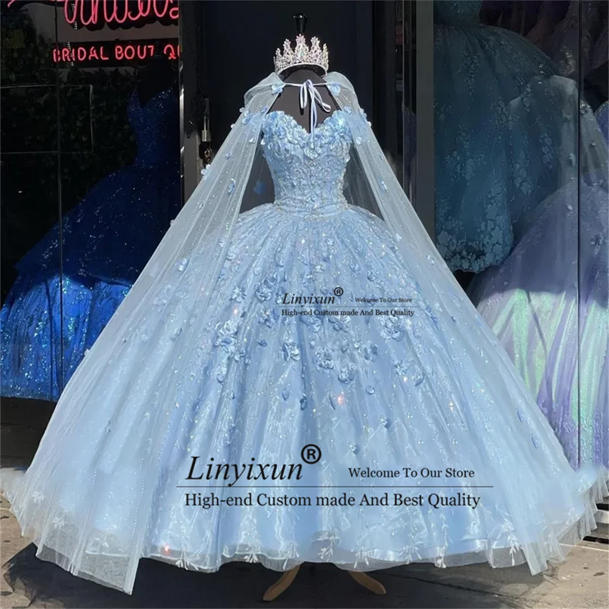 Sweet Shiny 16 Sky Blue Princess Quinceanera Dress Cape Applique 3D Floral Crystal Beading Ball Gown Vestidos De 15 Anos Corset