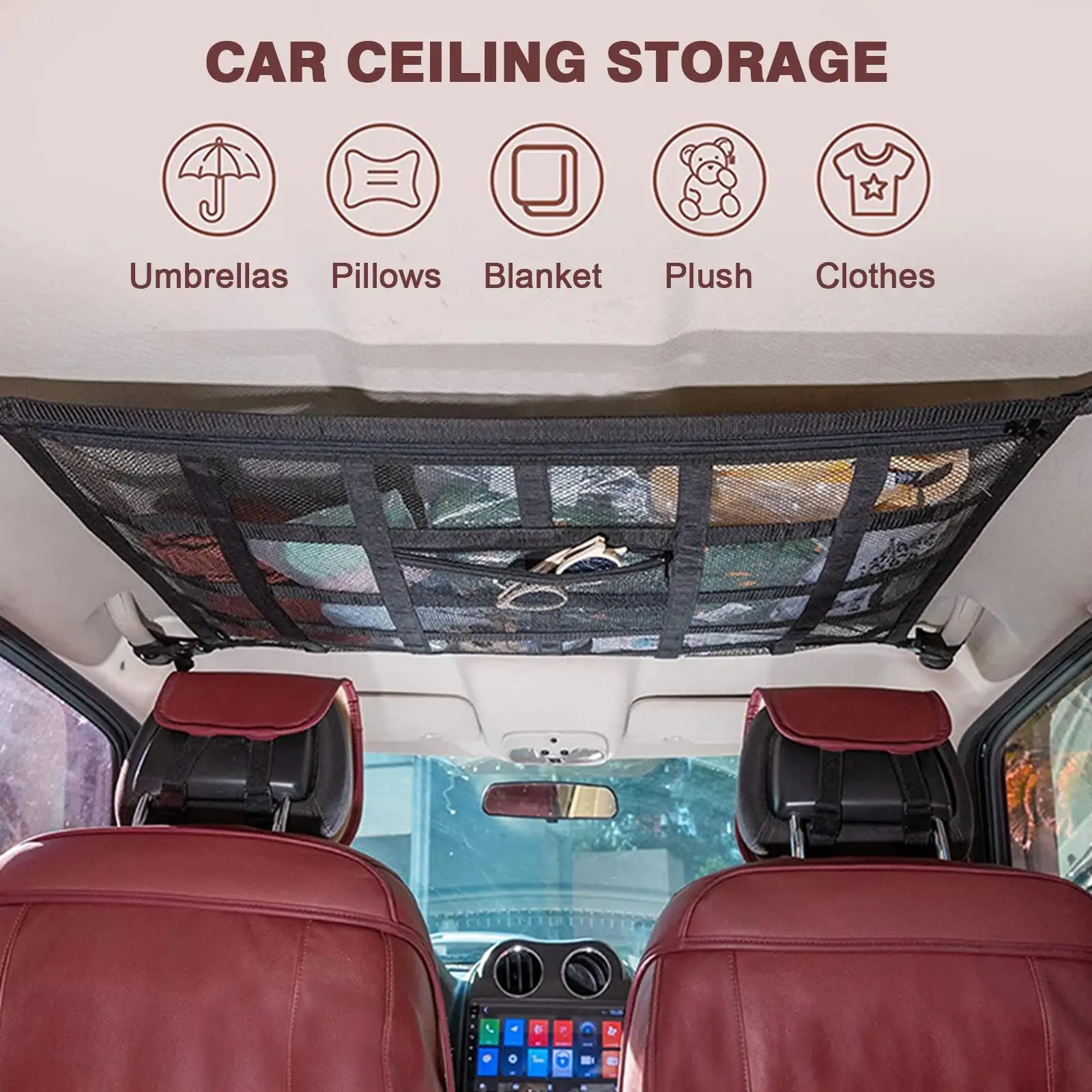 Car Ceiling Storage Net Interior Cargo Zipper Net Universal Car Adjustable Trunk Bag Pocket Sundries Storage Net Organizer F5V1