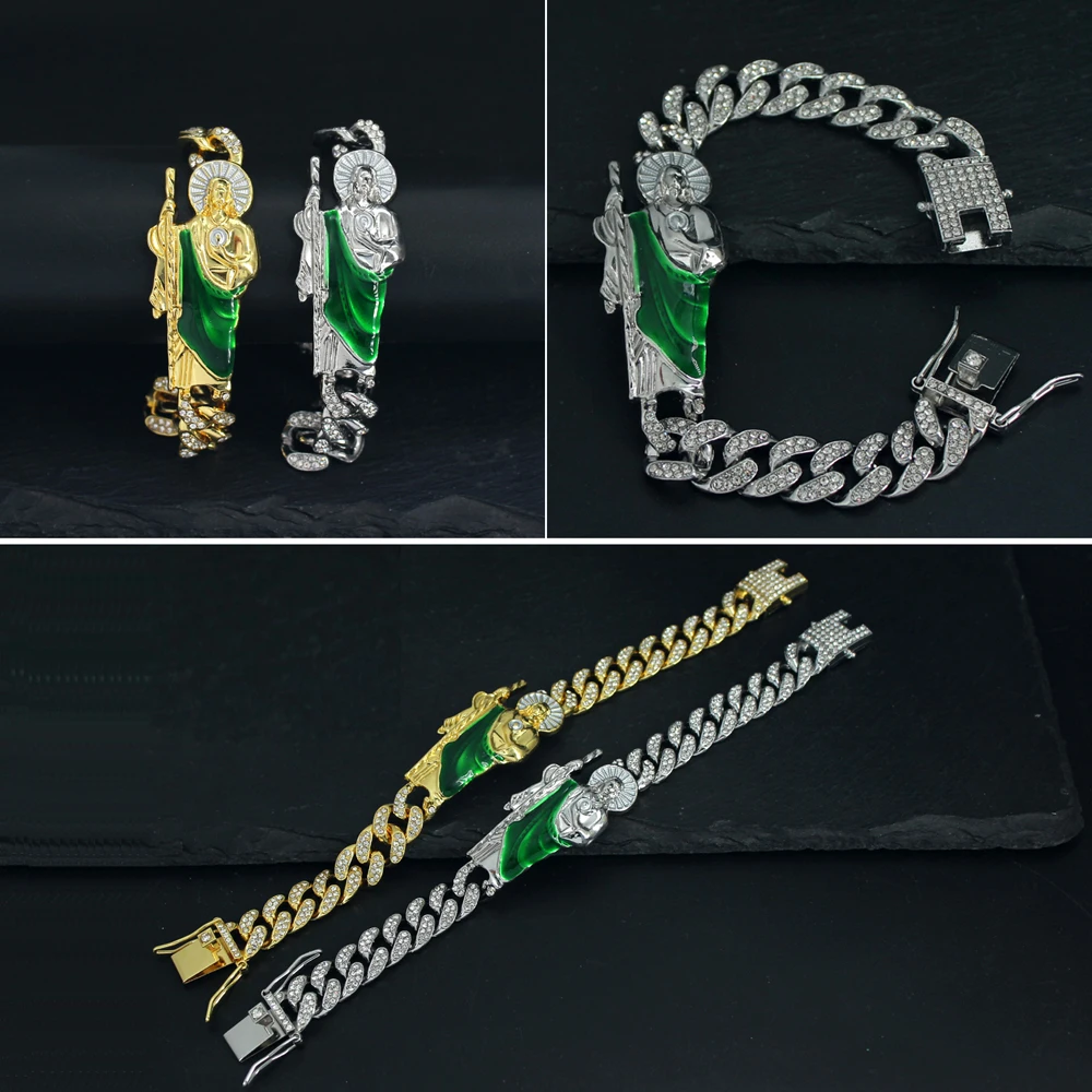 New Men Hip Hop lced Out Crystal Miami Cuban Link Bracelet For Women San Judas St. Jude Taddeo Bracelets Religious Jewelry Gift
