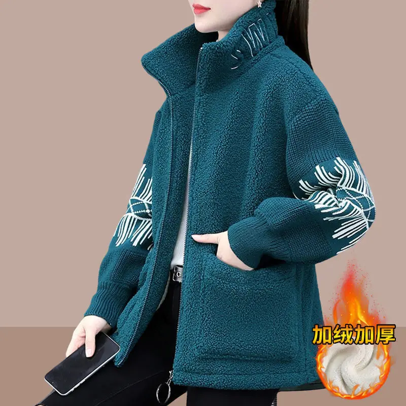 Warm Stitching Lamb wool Winter Jacket Female 2023 Fashion Loose Plus velvet Thick Coat Short Casual Women\'s Zipper Outwear Tops