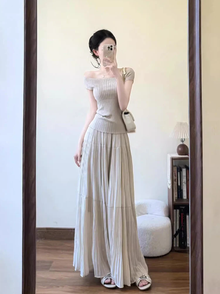 

Ele Folded A-Line Skirt And Knitted Sweater Two-Piece Set for Women Summer New Sle Lace-Up oulder Strip Design