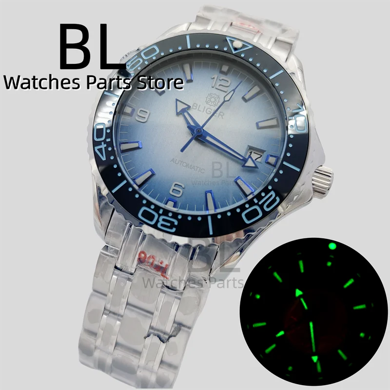 BLIGER 41mm NH35 Automatic Mechanical Watch For Men Sapphire GlassBlue Ceramic Bezel Gradient Ice Blue Dial Luminous Date Window