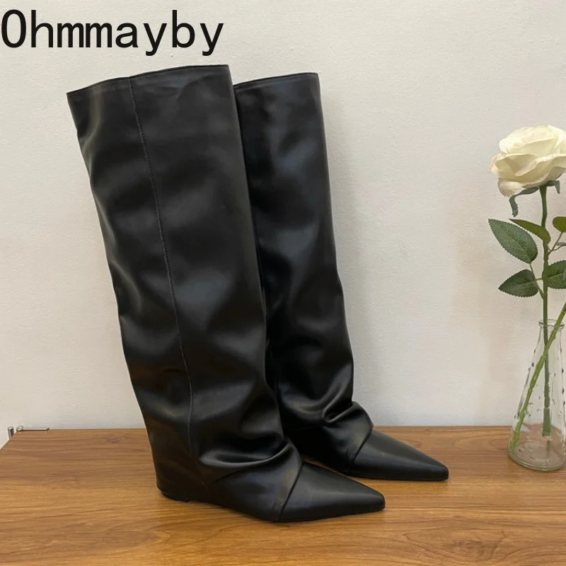 Vintage Pointed Toe Slouch Women Knee High Boots Slip On Internal Elevation Shoes Design Female Pants Tube Botas Mujer
