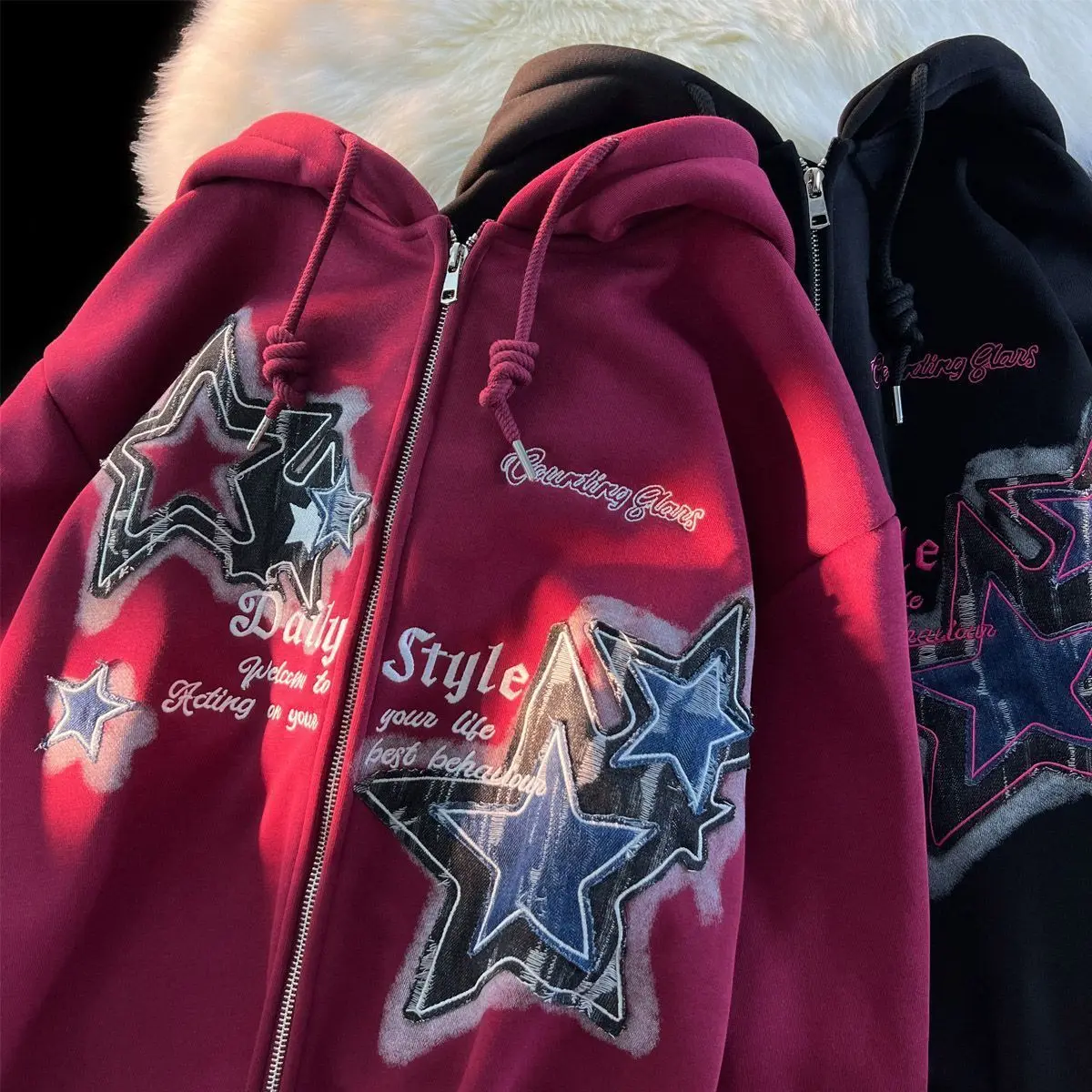 Retro American Y2K Star Print Open Cardigan Jacket Loose Unisex Autumn Winter Hooded Top Couple Matching Long Sleeve T-shirt