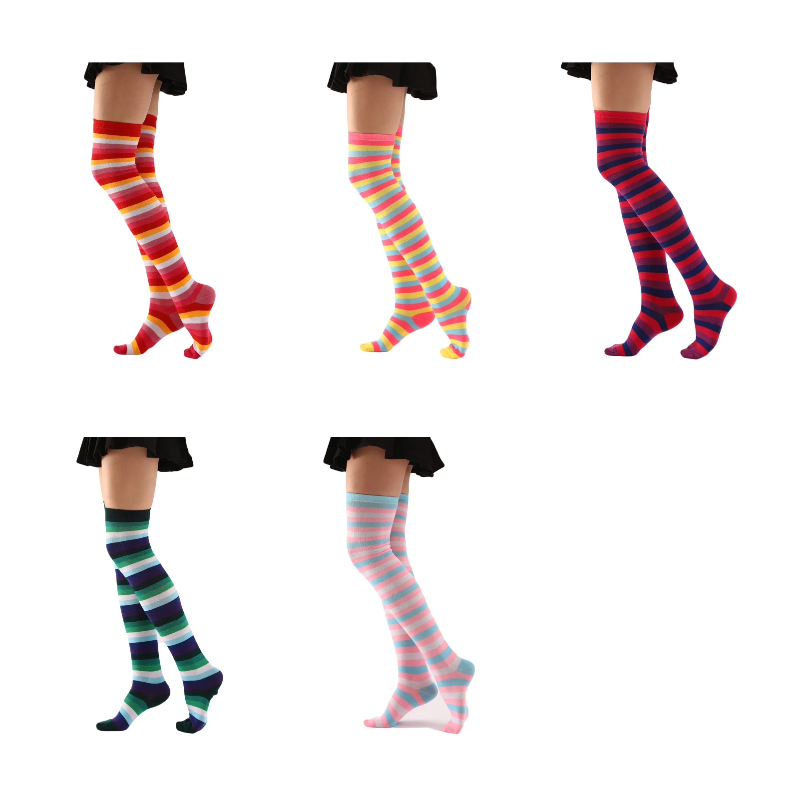 

5 pairs of colorful striped socks: maroon/rose red/bright red/dark green/blue ruffles