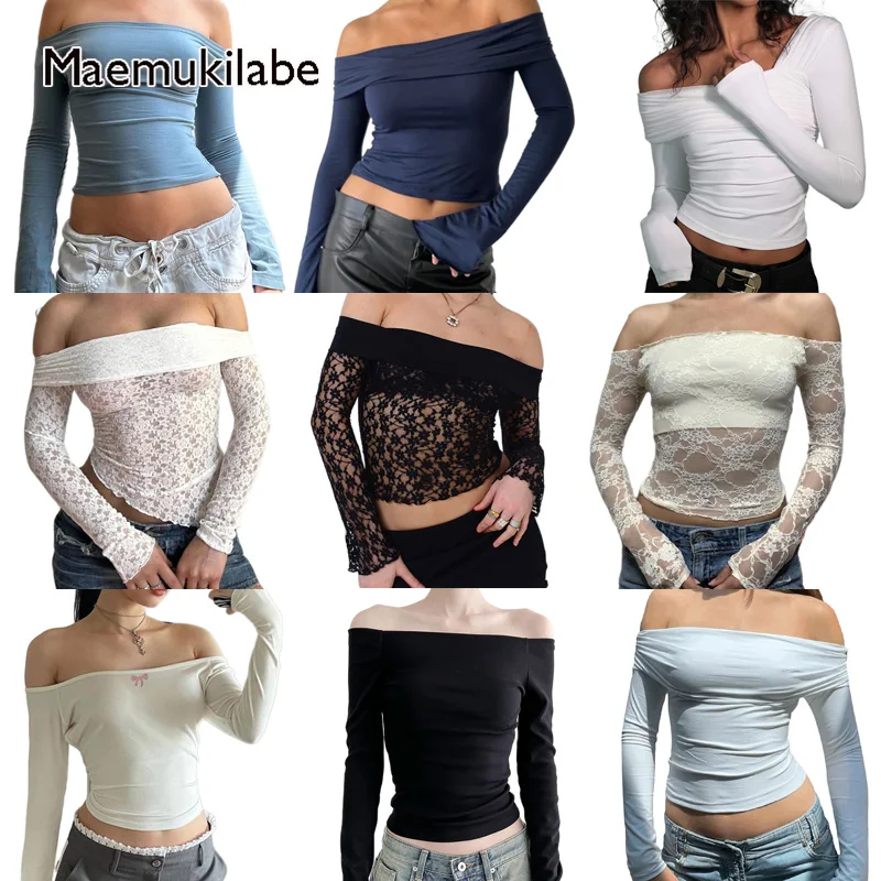 Maemukilabe Off Shoulder T-shirt Sexy Backless Long Sleeve Slim Fit Tees Chic Women Elegant Vintage Crop Tops Y2K Fairy Coquette