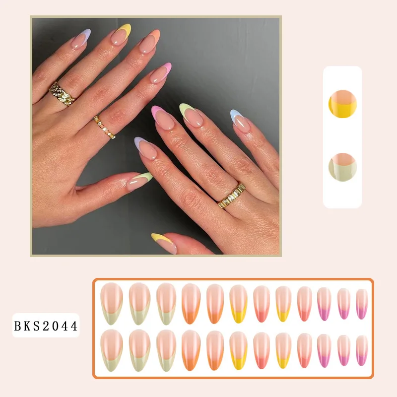 24 pçs francês multicolorido unhas falsas simples amêndoa unhas falsas arte removível imprensa artificial no prego com ferramentas de cola médio longo