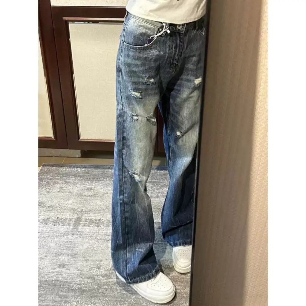 

Women's Retro High Street Distressed Ripped Jeans Straight Wide-Leg Pants Lightning Pattern 2025 New Design