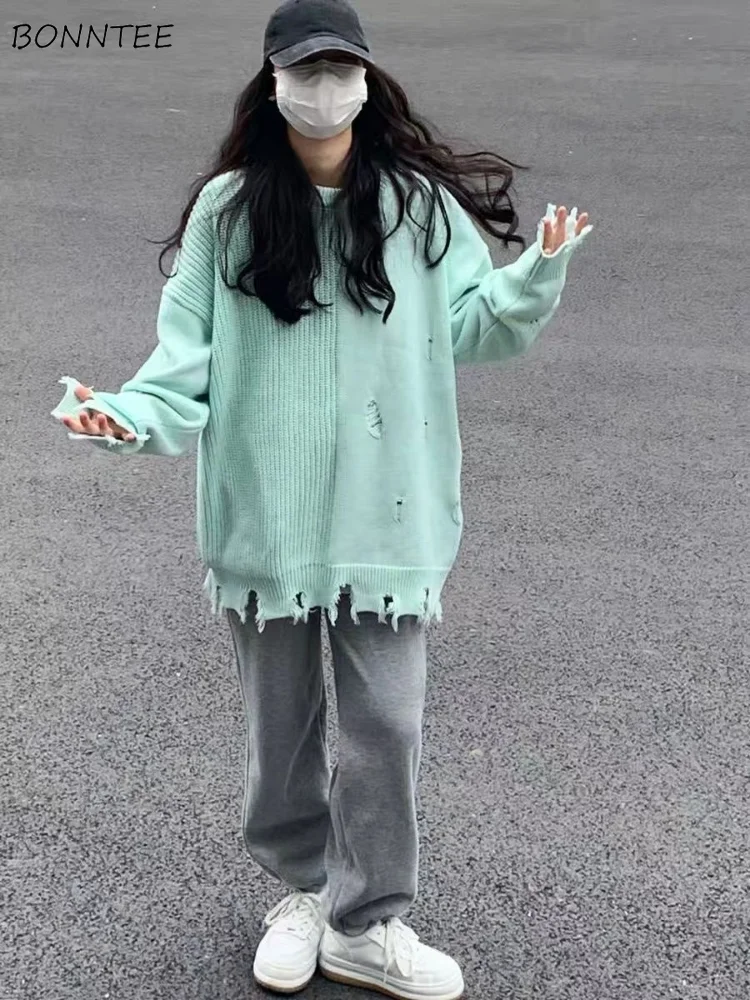 

Green Pullovers Women Baggy Couple Knitting Solid Casual High Street Trendy Minimalist All-match Ins Hole Design Femme Sweaters