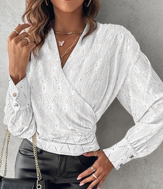 Y2K Clothes French Women's Elegant Top Autumn V-Neck Lantern Sleeves Pleated T-Shirt Daily Commuting Mesh Hollow Women's Shirt