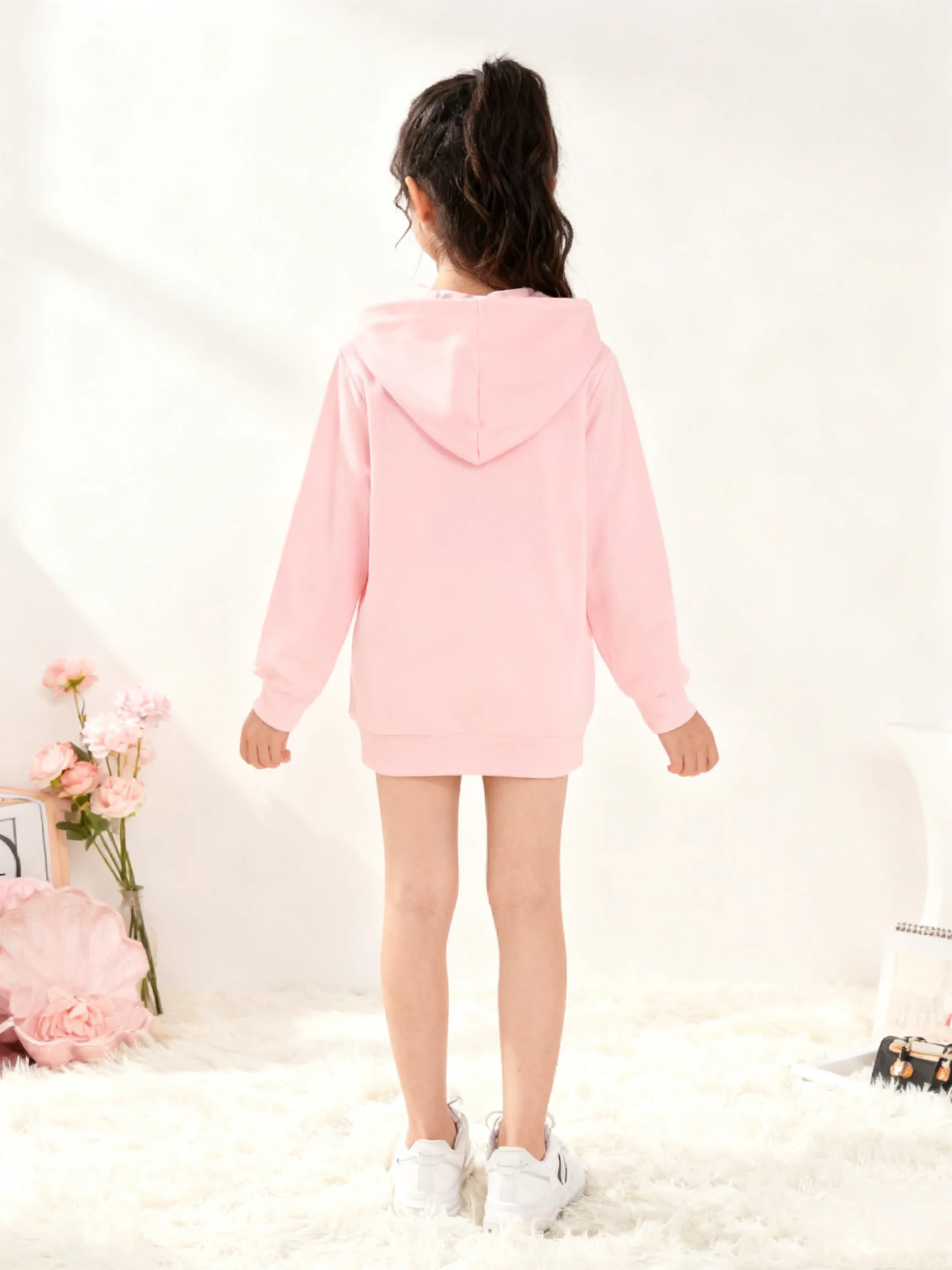 Autumn And Winter Girls' Pocket Cute Sequin Heart-Shaped Long Sleeved Hooded Pullover Casual Daily Versatile Hooded Sweatshirt