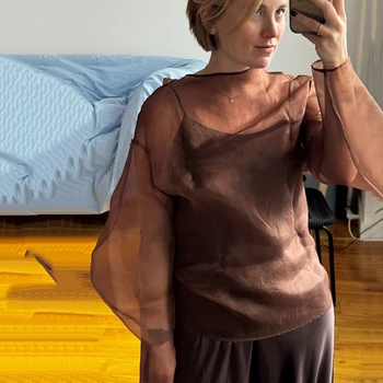 Linad Brown Mesh O-Neck Blouse 3 Linad Elegant Brown Mesh O Neck Blouse Women 2025 Sexy Apricot Sheer Shirt Female Autumn Street Chic Loose Long Sleeve Tops New 3