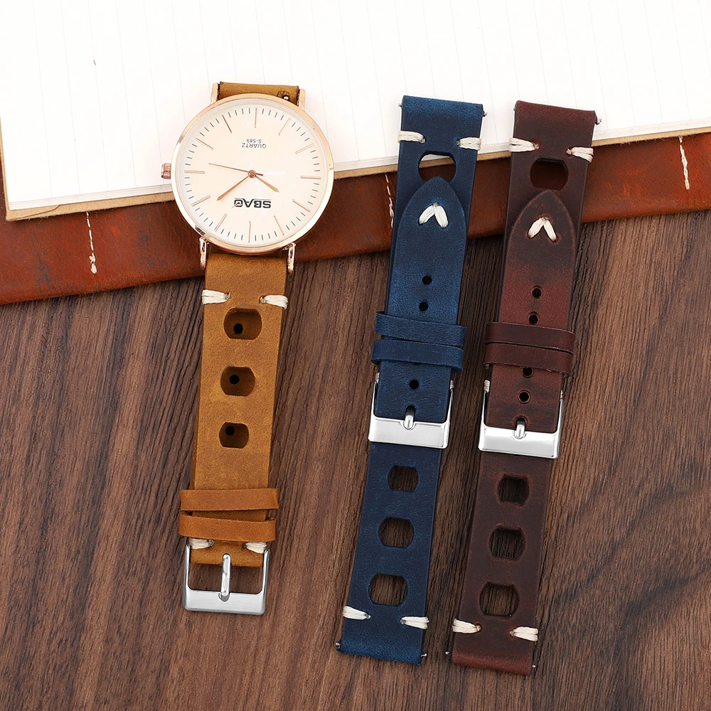 Vintage Crazy Horse Real Leather Watch Band 18mm 19mm 20mm 22mm Breathable Hole Strap Quick Release Hand Stitching Watchband