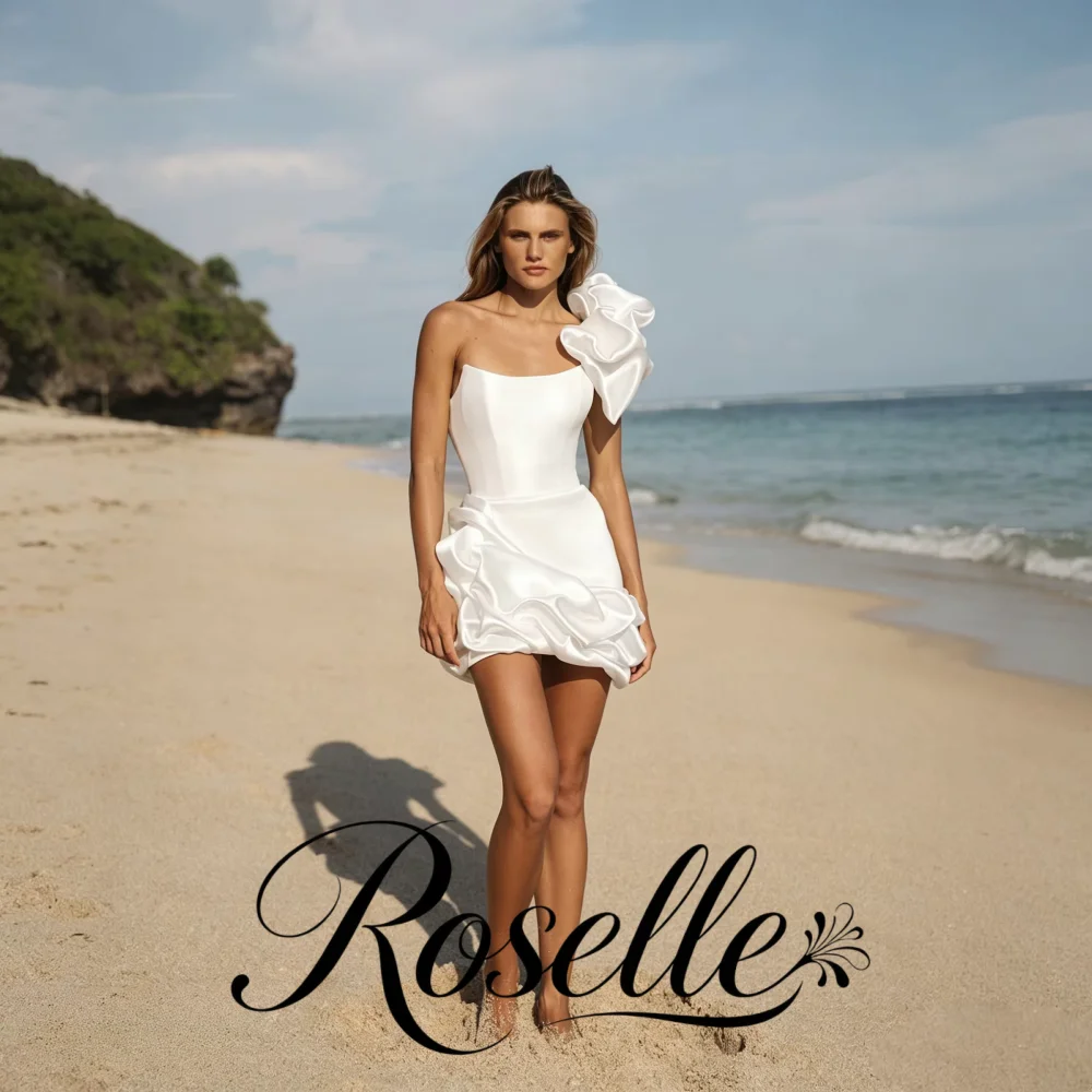 Elegant One Shoulder Satin Short Wedding Dress 3D Ruffle Flower Corset Lace Up Back Mini Beach Wedding Bridal Gown Vestido Novia