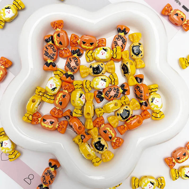 5PCS 28x11mm Embossed Diagonal Hole Candy Beads Halloween DIY Phone Strap Bag Charm Keychain Jewelry Accessories Loose Beads