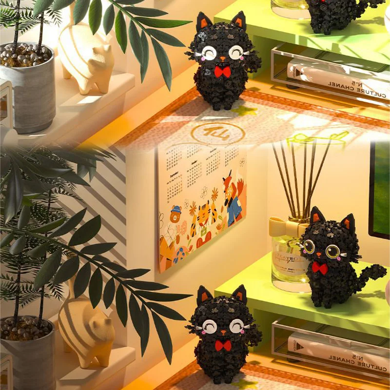 Kreative Schwarze Blume Katze Nette Haustier Blossom Puss Bausteine Hause Desktop Dekoration DIY Mini Ziegel Spielzeug Für Kinder Geschenk