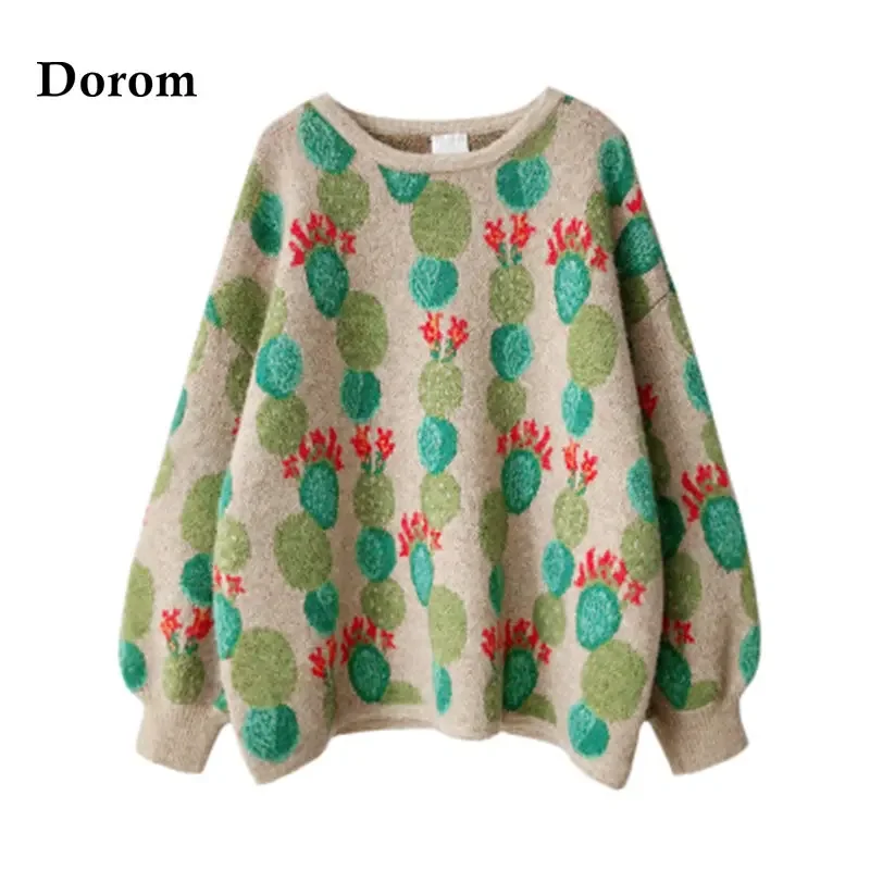 Vintage Cactus Green Sweaters Woman Autumn Korean O-Neck Casual Oversized Knitted Pullover Y2k Warm Harajuku Loose Jumper Female