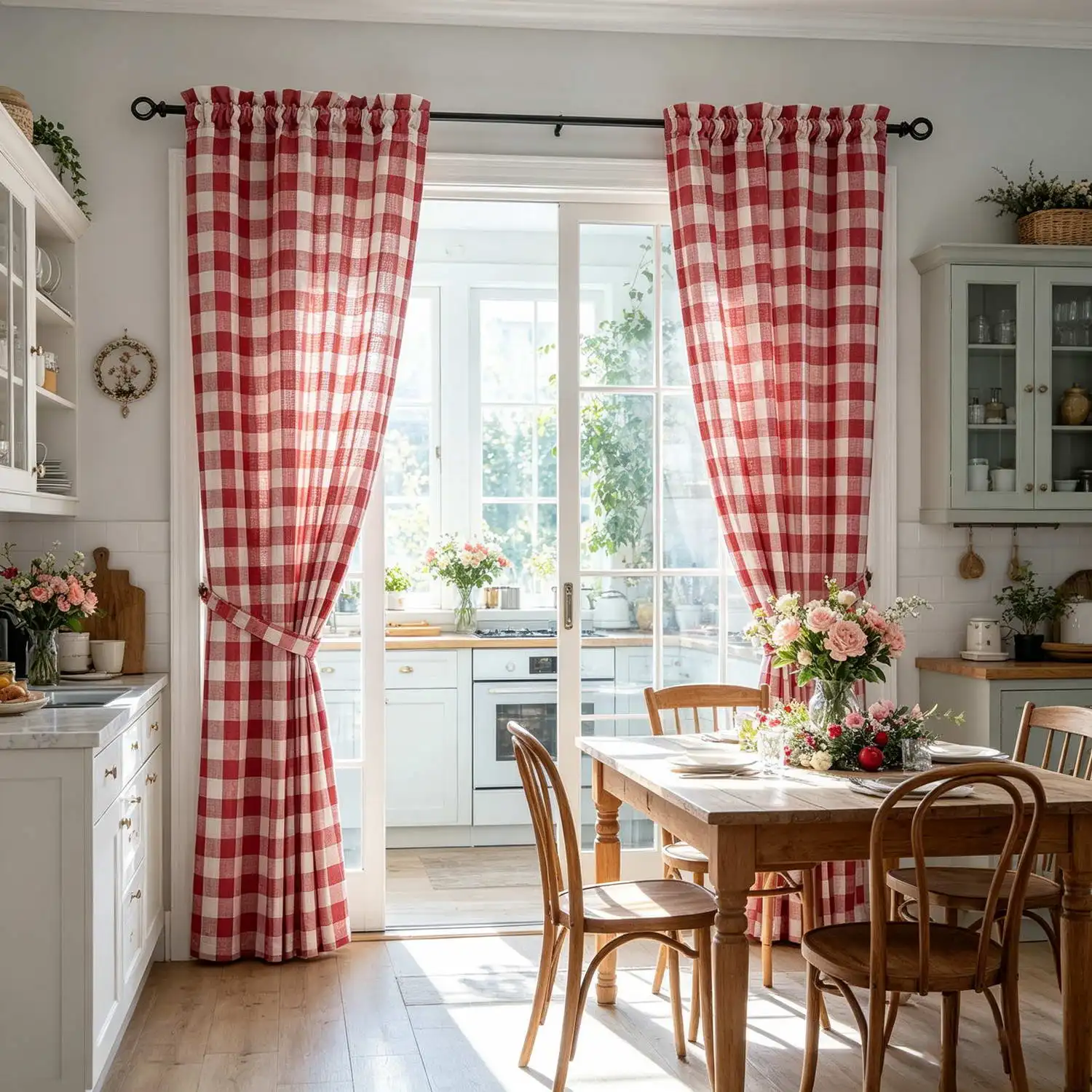 Red White Plaid Semi Sheer Window Drapes Check Curtain Panels for Living Room Kitchen Bedroom Sliding Door Christmas Decor