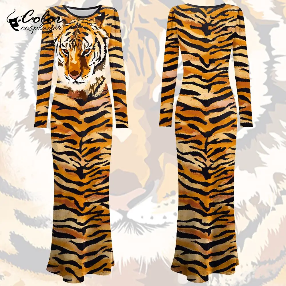 

Color Cosplayer Tiger Stripe Dress Long Sleeved Animal Cosplay Costume Halloween Party Outfit Women Dresses Carnival Robe