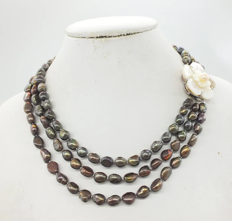 new 3 Rows, 8-9MM AAA Brown Baroque Freshwater Pearl Necklace