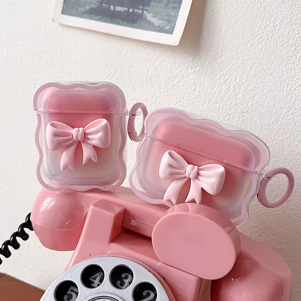 ثلاثية الأبعاد القوس موجة حقيبة سماعة الاذن لابل AirPods 1 2 حافظة الوردي الأزهار الفتيات غطاء ل AirPods Pro صندوق لاسلكي مع سلسلة المفاتيح