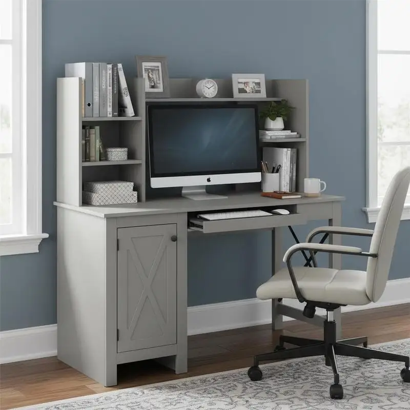 

Computer Desk W/ Hutch, Home Office Desk W/ Storage Cabinet, Light Grey