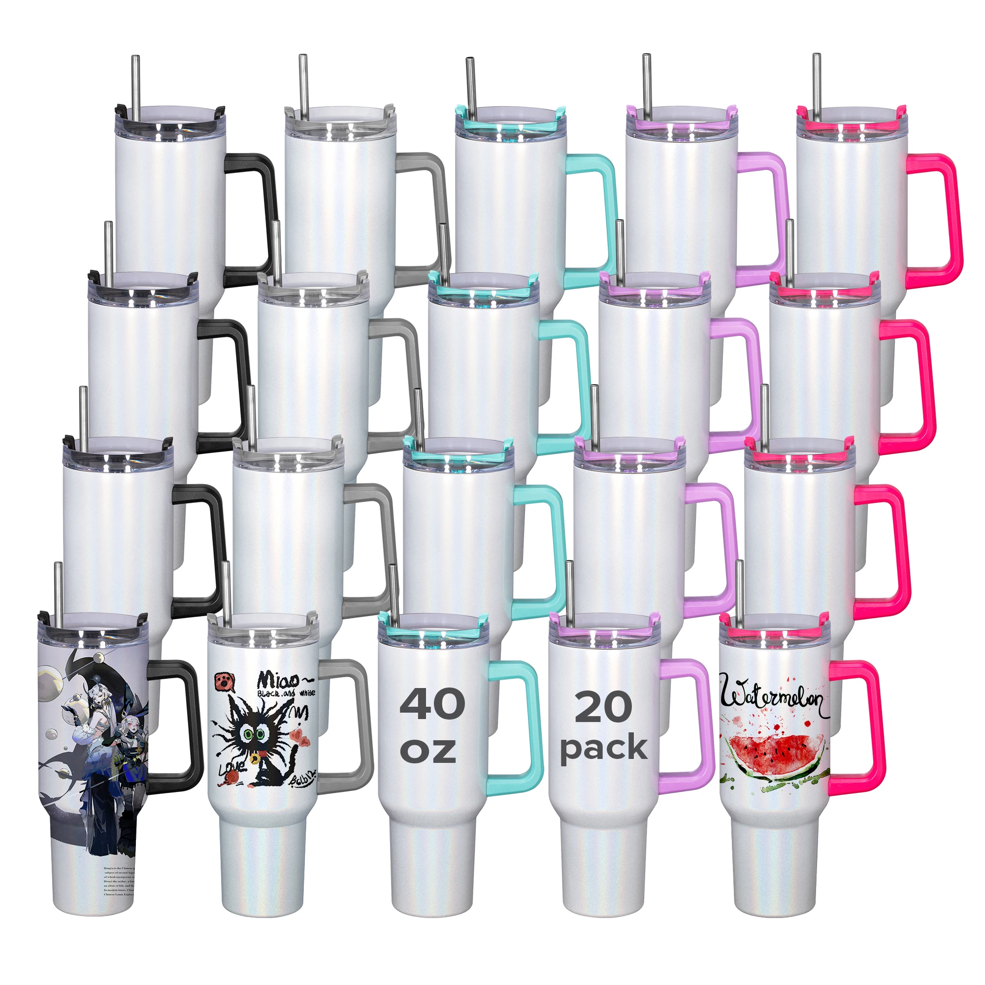 

20 packs of 40OZ sublimation rainbow drum with handle cover, stainless steel water bottle vacuum insulated travel hot coffee cup