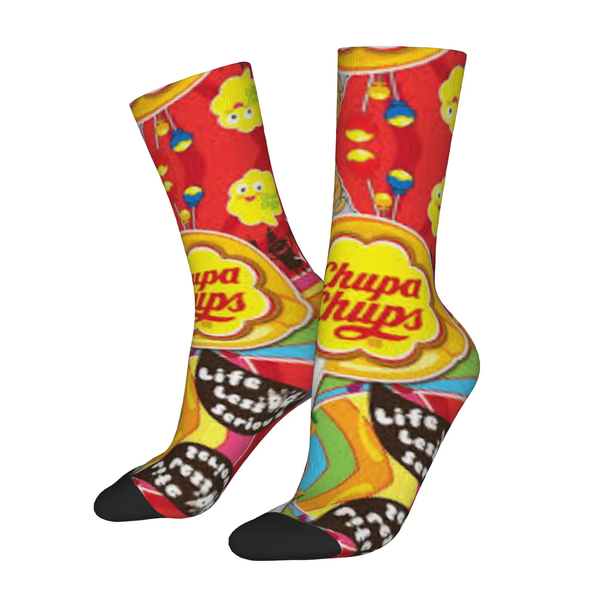

1 Pair Funny Sock Chupa Chups Colorful Stripes Vintage Seamless Pattern Printed Men Crew Socks Novelty Men's Socks