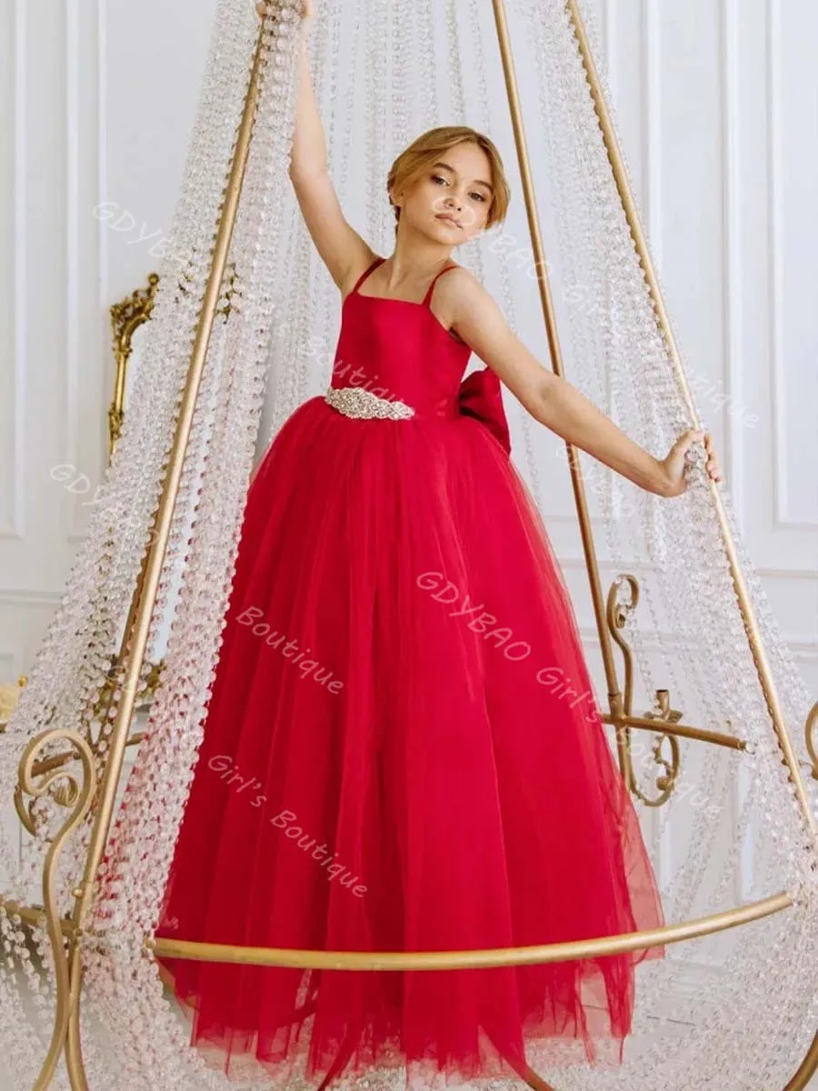 결혼식을위한 맞춤형 꽃의 소녀 드레스 키즈 스파게티 스트랩 민소매 공주 미인 대회 드레스와 페르시 새시 파티 가운