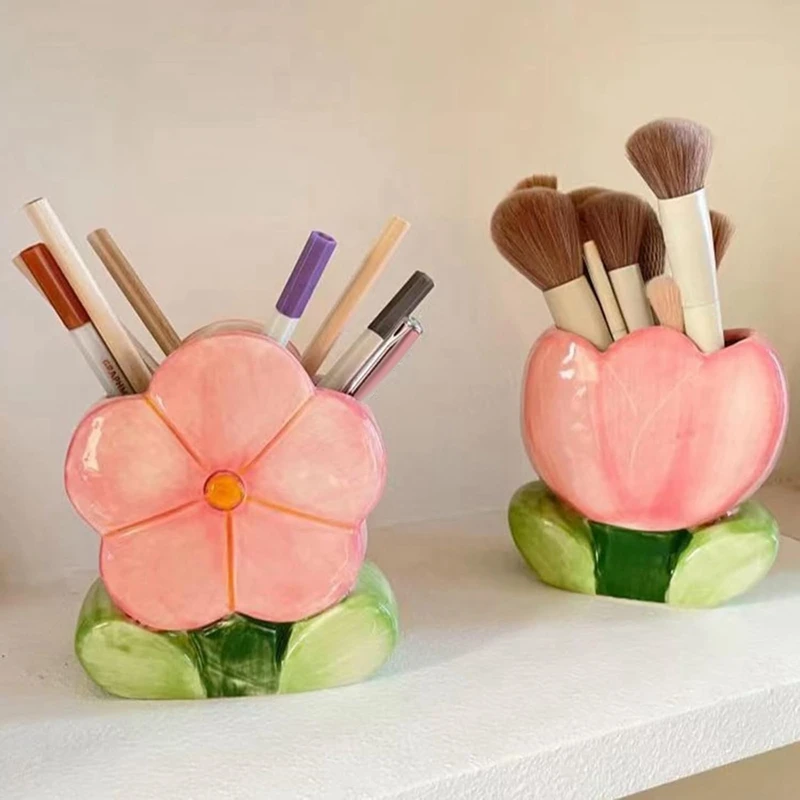 Pen Holder for Office Desk Accessories Aesthetic Pink Makeup Brush Holder Pencil Holder Cute Tulips Home Decor Birthday-A57M - view 5