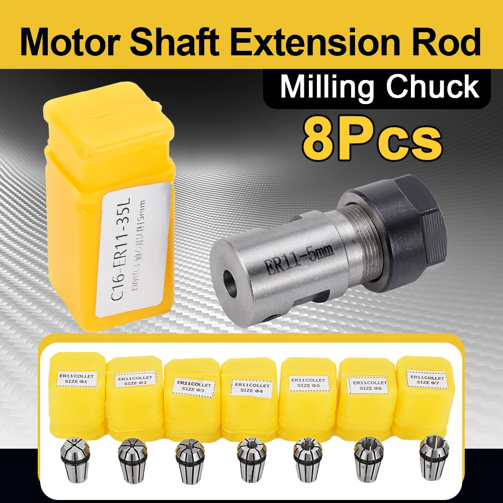 

8Pcs/Set ER11A 5mm Diameter Motor Extension Rod +7x 1mm-7mm ER11 Milling Spring Chuck Shaft Holder For CNC Lathe Engraving