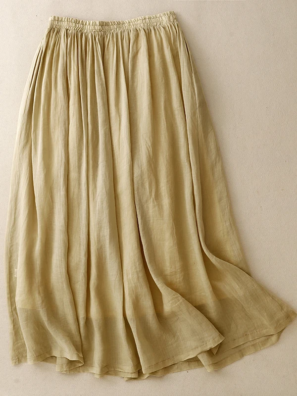 Retro Flax Double Layer A-Line Midi Skirt Women Summer Loose Silky Slimming Skirts Cotton 70% Other 30% High Waist Long Skirt