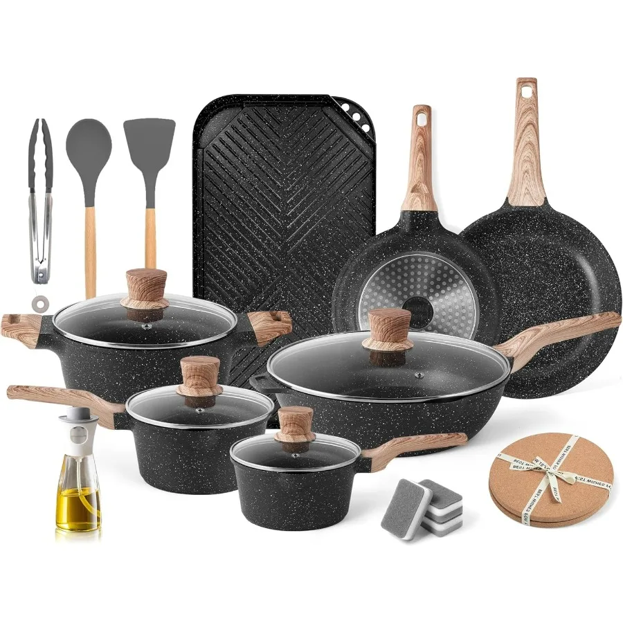 

Granite Pots and Pans Nonstick Cookware Set Classic Black 20 Piece Grill Griddle Set